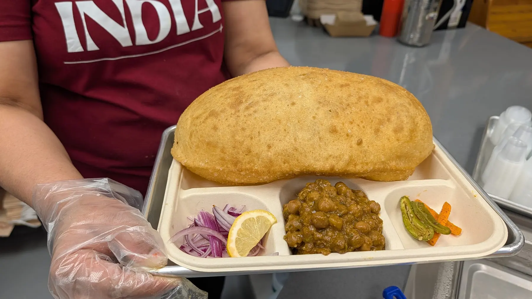 Chole bhature on a tray
